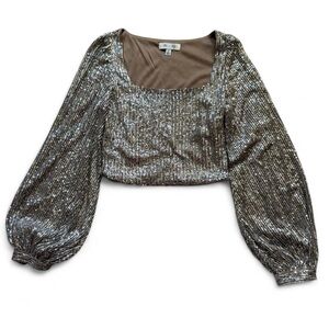She + Sky Balloon sleeve gold sequin square neck cropped blouse size small